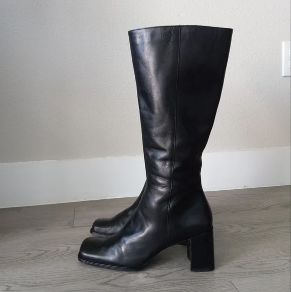 90's Nine West Vintage Y2K Square Toe High Black Leather Boots - Picture 2 of 16